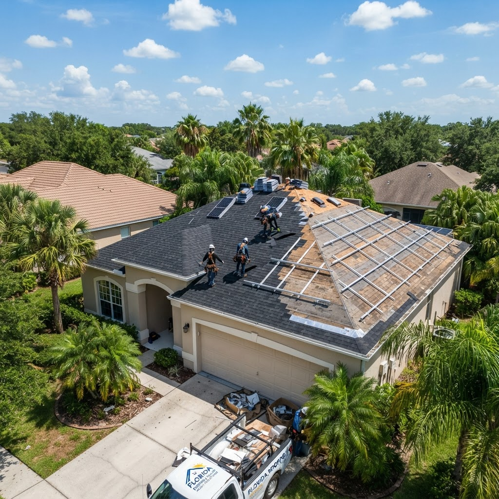 Roof mid-project with solar panels detached for a re-roof