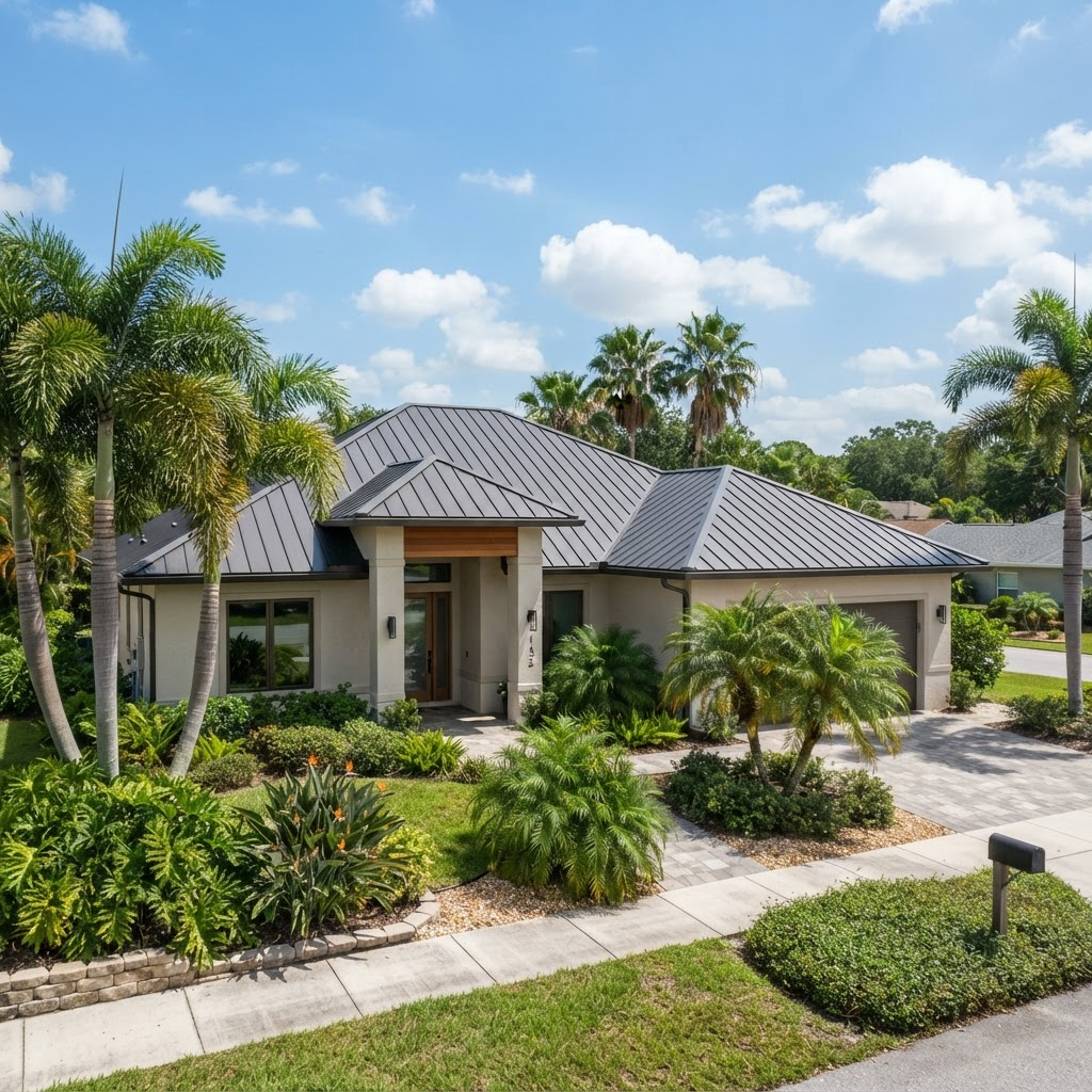 Dark standing-seam metal roof on a modern home