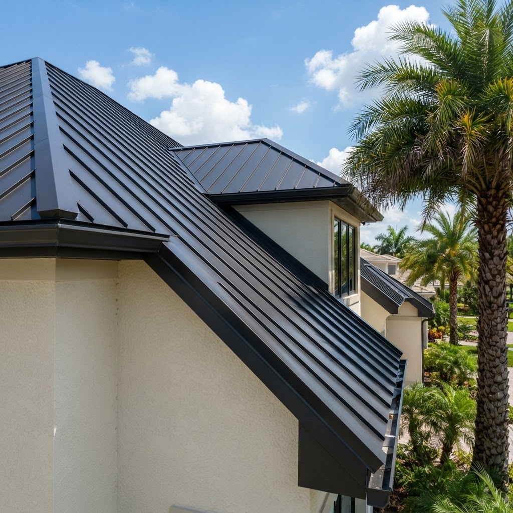 Sleek dark standing-seam metal roof installed on a modern home
