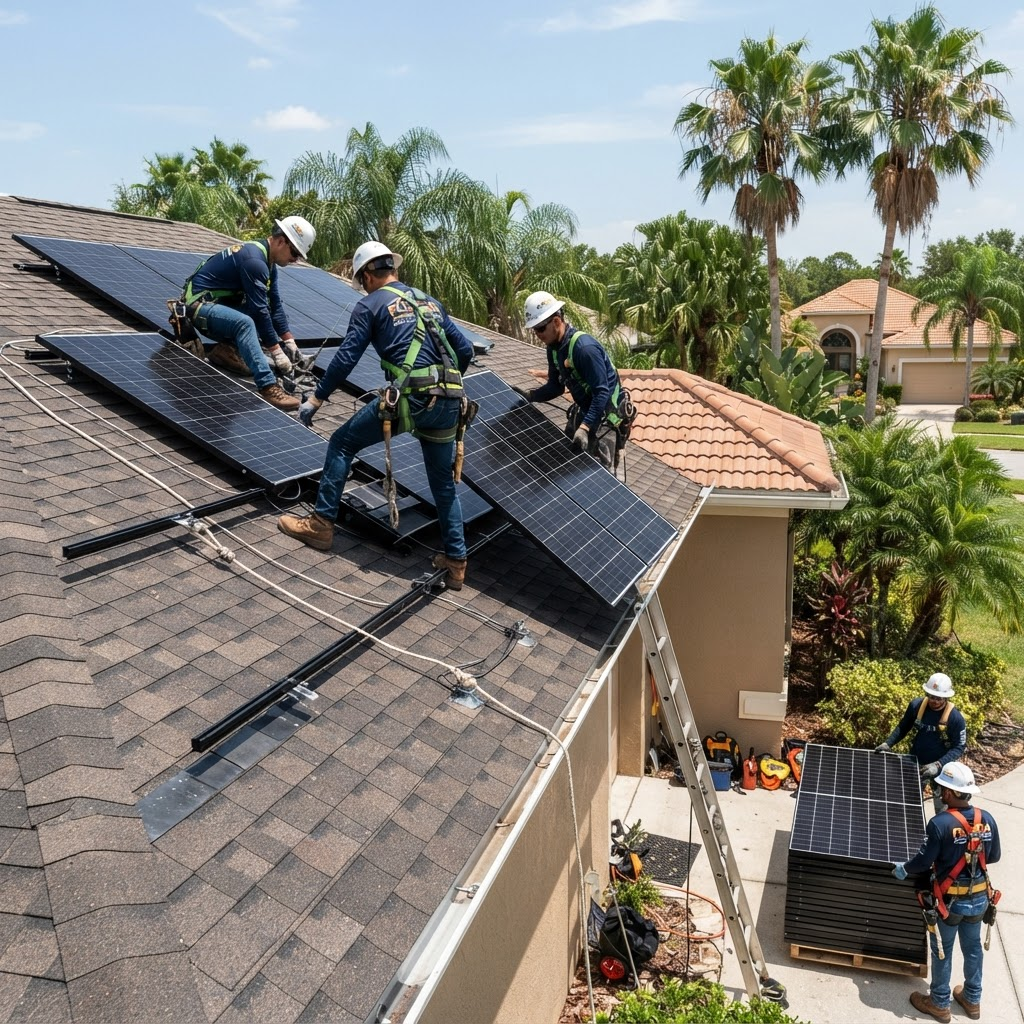 Roofing crew carefully detaching solar panels to prepare a roof for replacement