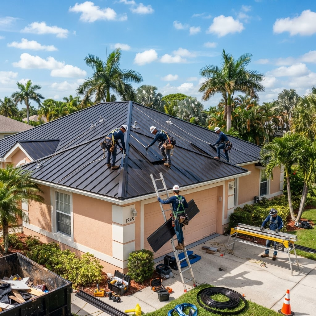 Professional roofing crew installing a dark metal roof